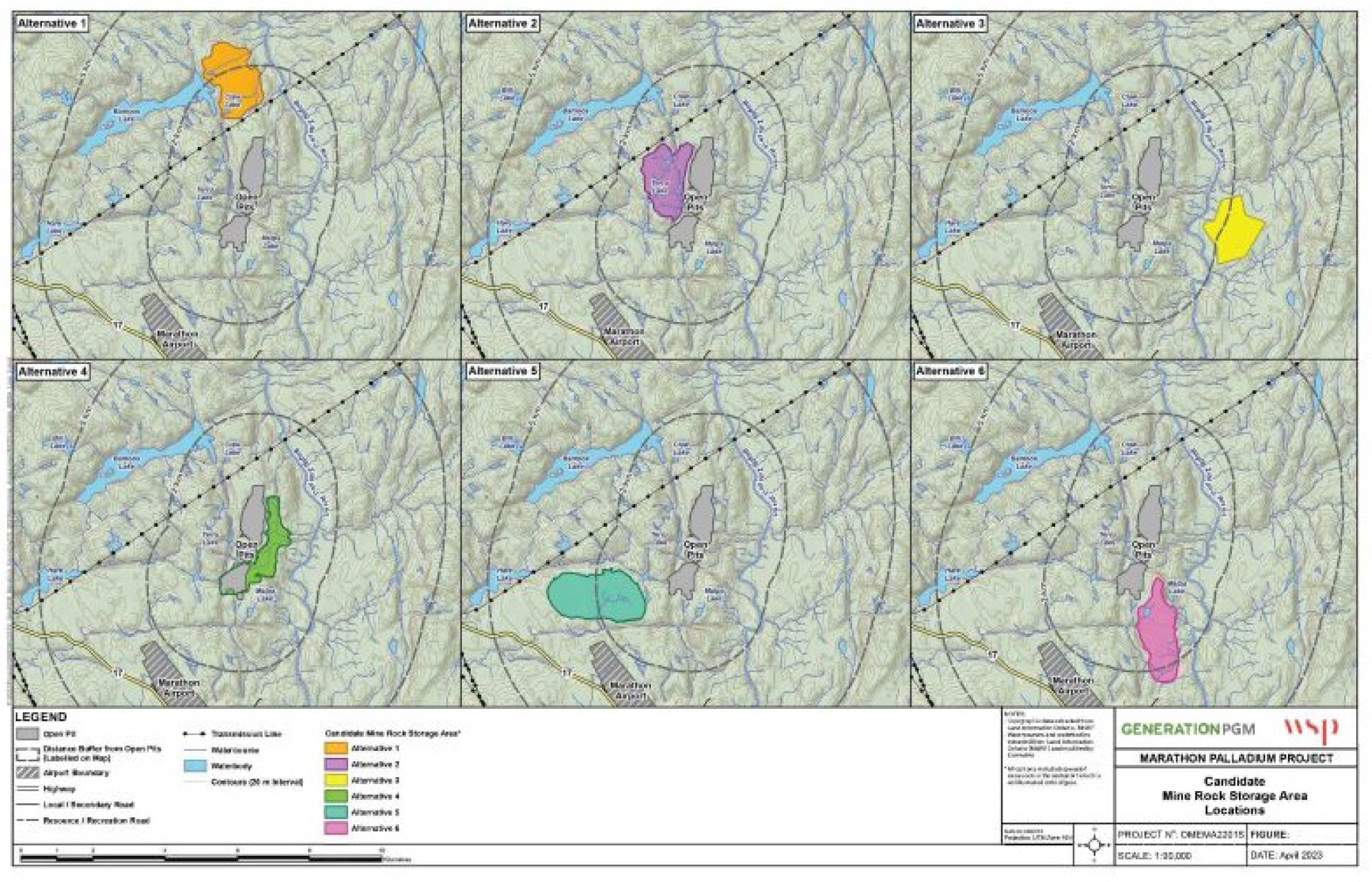 Figure 4: Mine Rock Storage Area Alternatives – Text version below the image