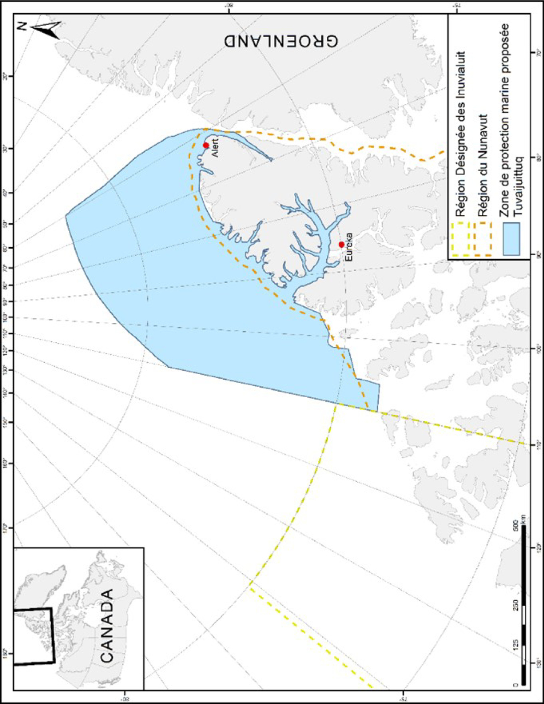 Figure 1 : Carte de la zone de protection marine de Tuvaijuittuq - Version textuelle en dessous de l'image