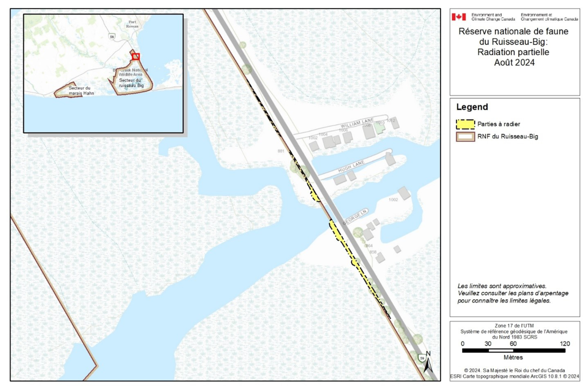 Figure&nbsp;1&nbsp;: Emplacement approximatif des terres de la RNF du Ruisseau-Big sur lesquelles on a empiété et qui doivent être radiées – Version textuelle en dessous de l'image