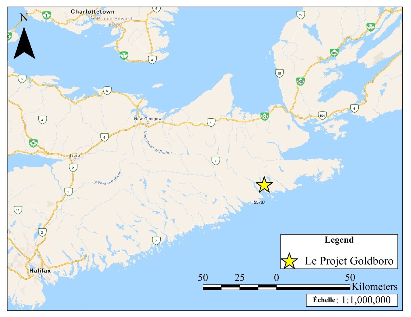 Une carte à l’échelle 1/1&nbsp;000&nbsp;000 montre l’emplacement général du projet de mine d’or Goldboro en Nouvelle-Écosse – Version textuelle en dessous de la carte