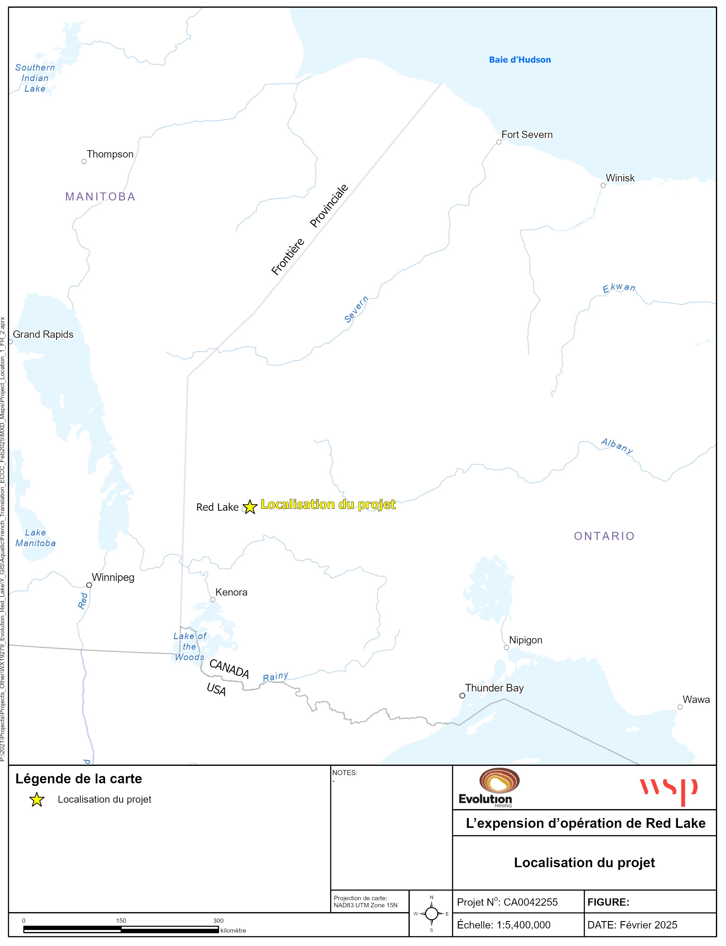 Une carte, à l’échelle 1/5&nbsp;400&nbsp;000, montre l’emplacement général du projet de la mine Red Lake, en Ontario.  – Version textuelle en dessous de la carte