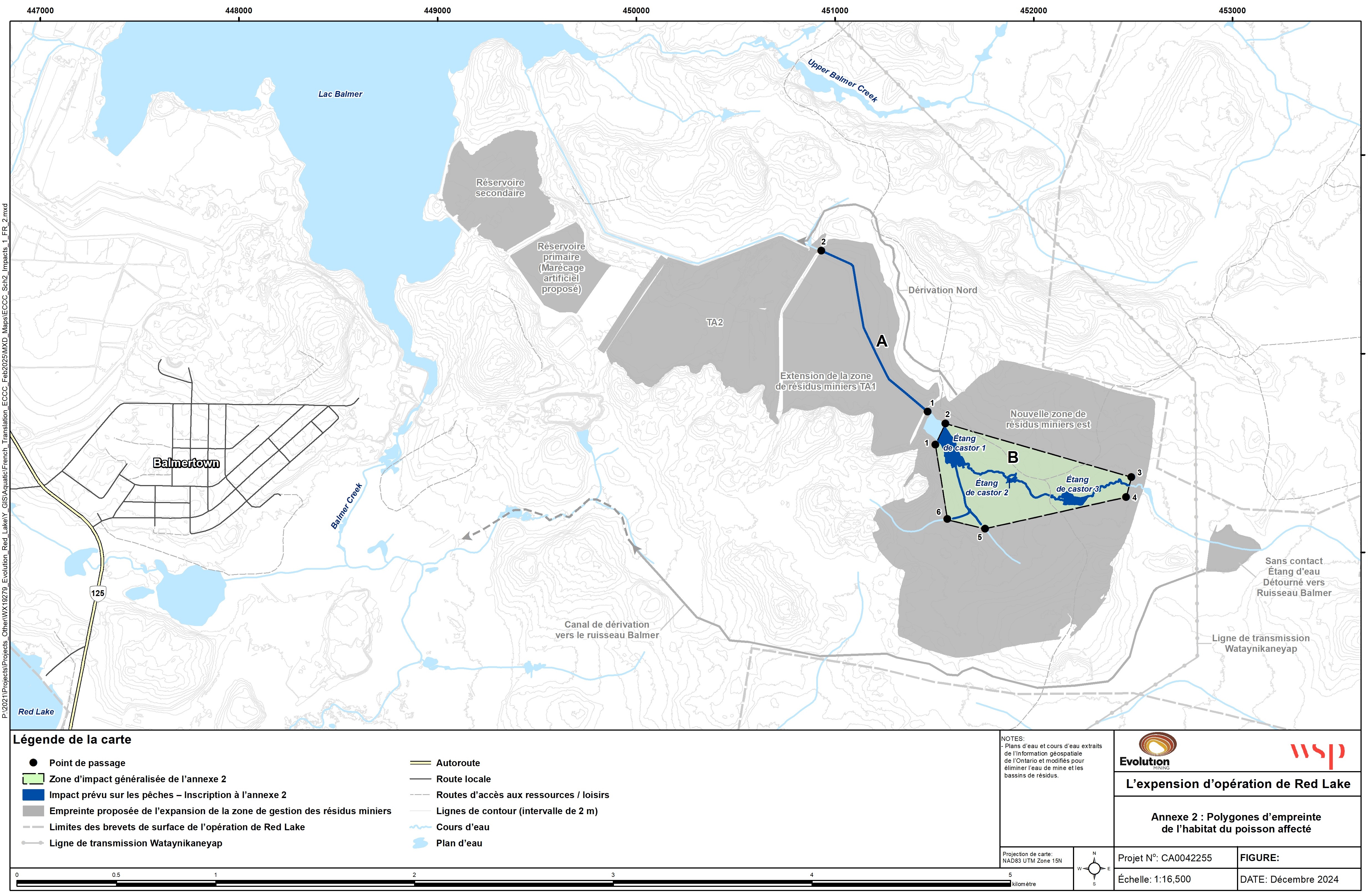 Une carte à l’échelle 1/16&nbsp;500 indique l’emplacement des plans d’eau touchés du site de la mine Red Lake, en Ontario, inscrits à l’annexe 2 du REMMMD.  – Version textuelle en dessous de la carte
