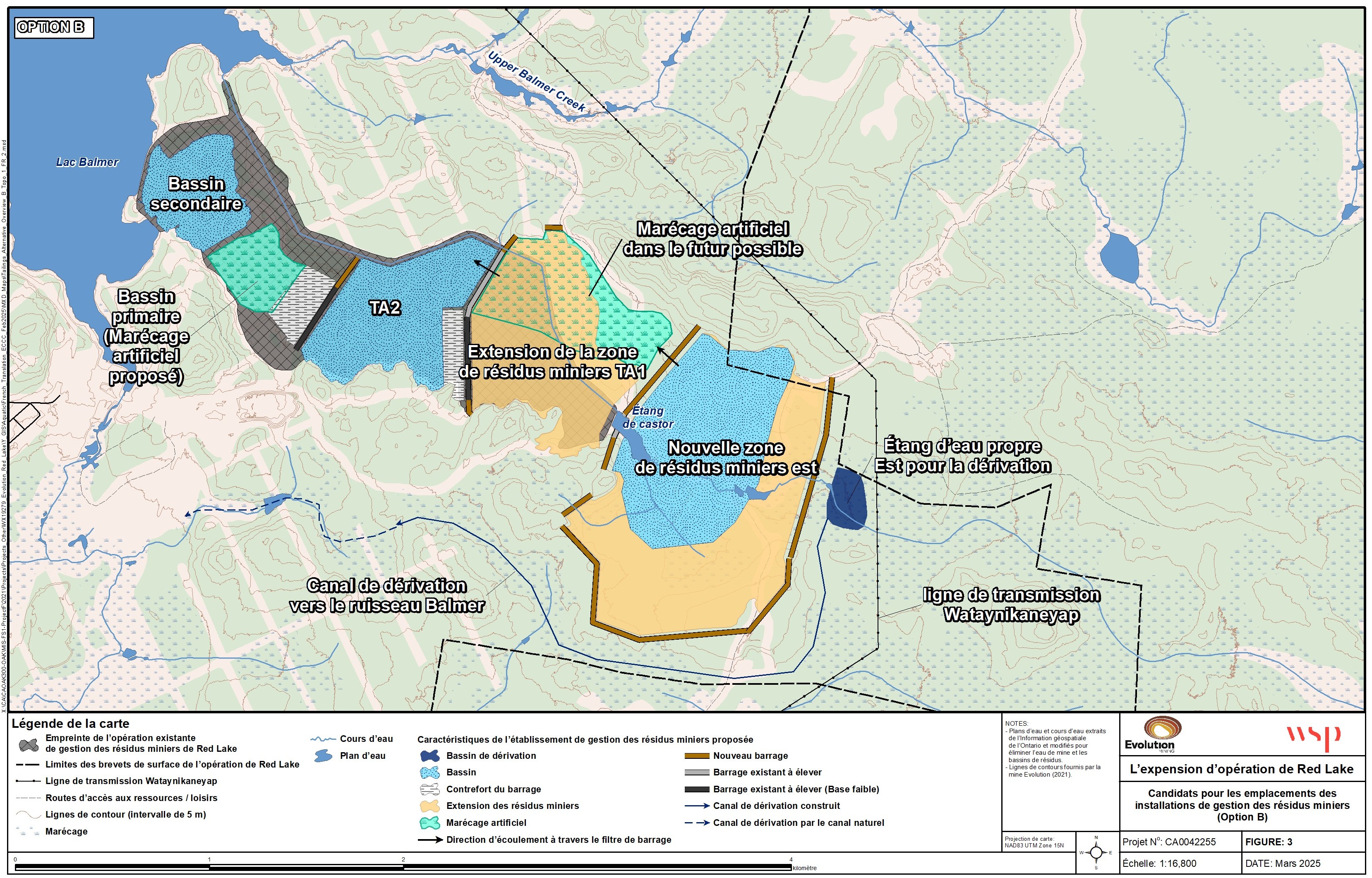 Une carte, à l’échelle 1/16&nbsp;800, indique la configuration de l’option B pour l’agrandissement de l’installation de stockage des résidus miniers au site de la mine Red Lake. – Version textuelle en dessous de la carte