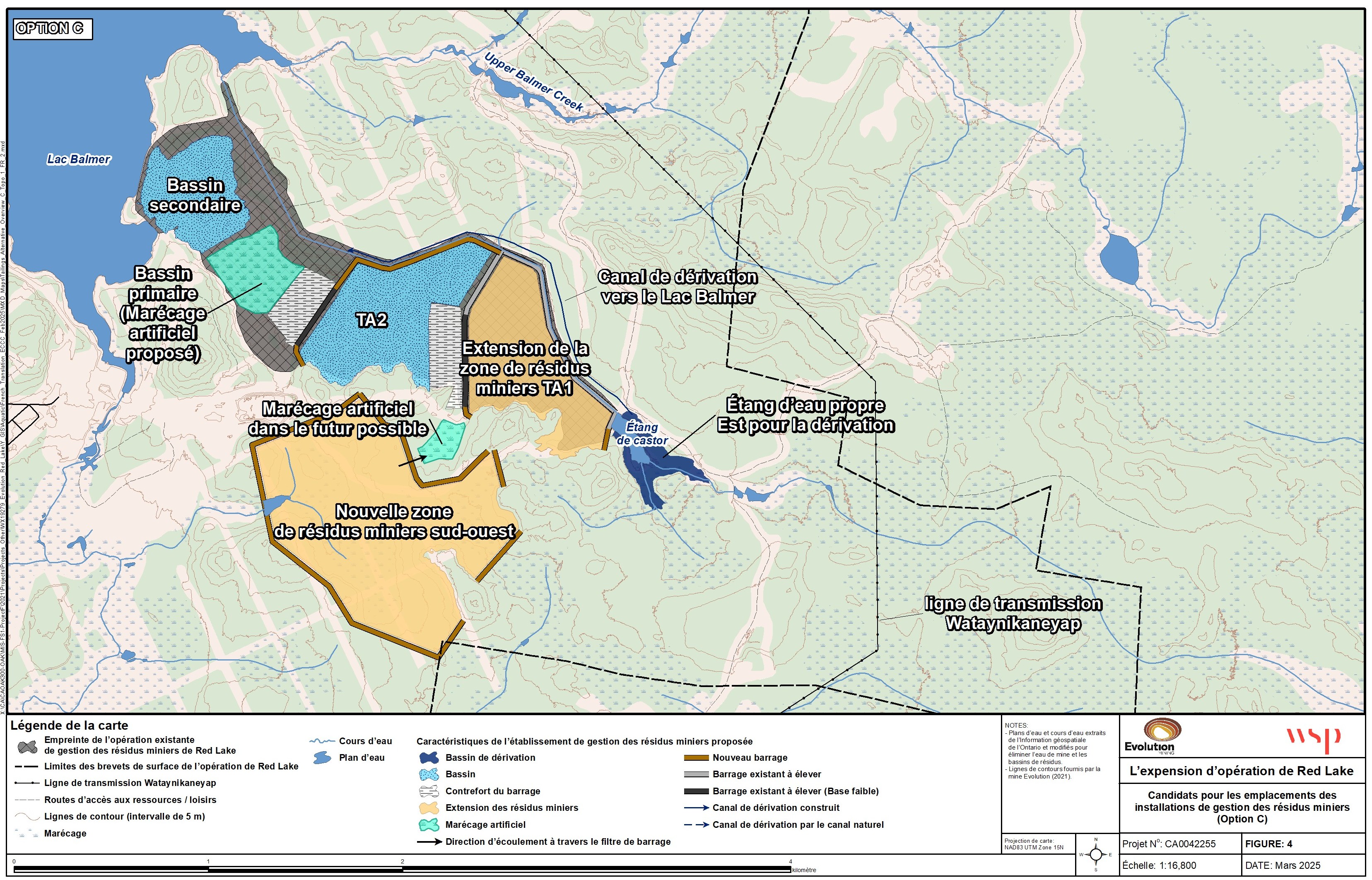 Une carte, à l’échelle 1/16&nbsp;800, indique la configuration de l’option C pour l’agrandissement de l’installation de stockage des résidus miniers au site de la mine Red Lake. – Version textuelle en dessous de la carte