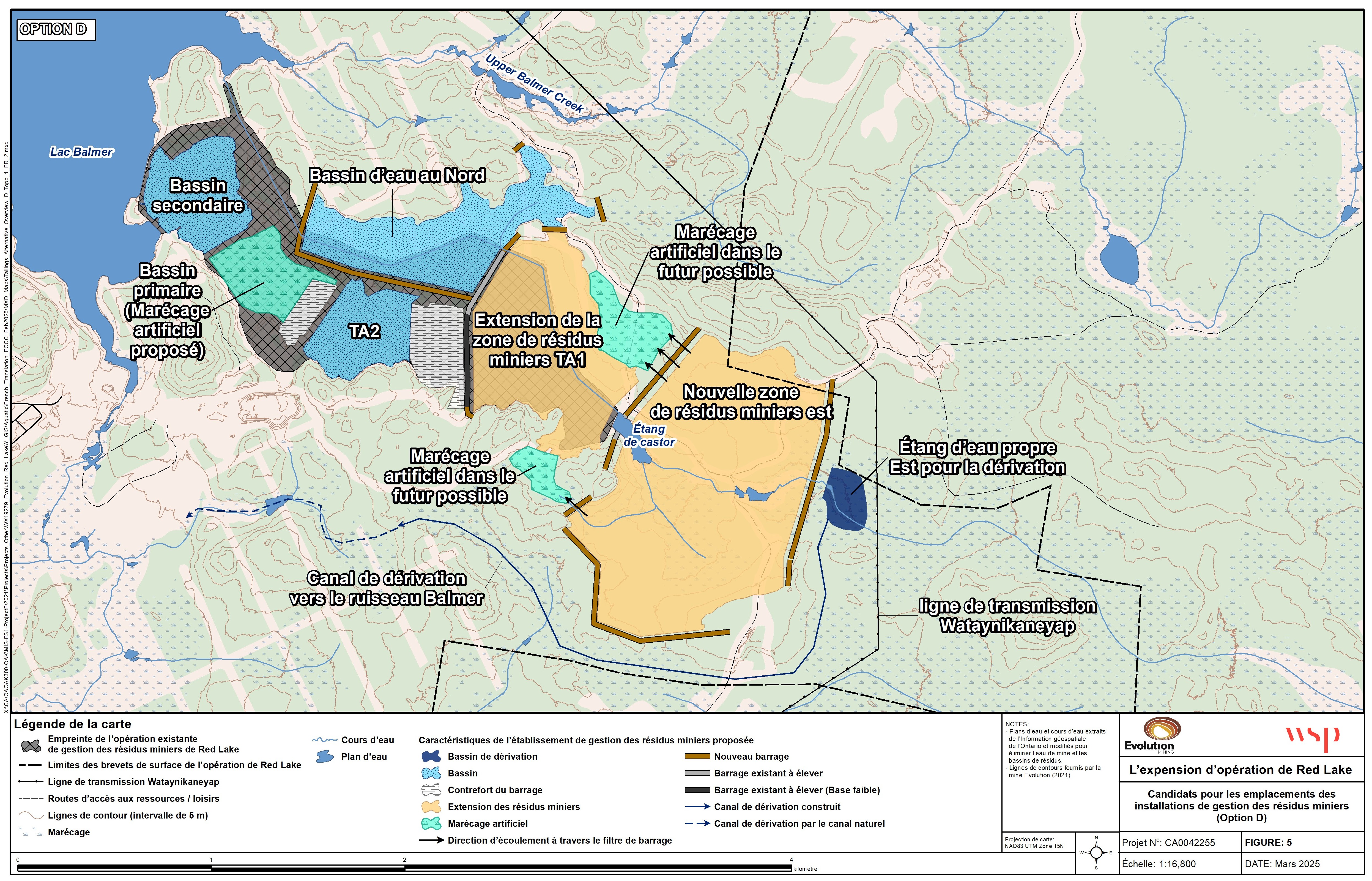 Une carte, à l’échelle 1/16&nbsp;800, indique la configuration de l’option D pour l’agrandissement de l’installation de stockage des résidus miniers au site de la mine Red Lake. – Version textuelle en dessous de la carte