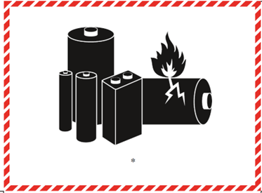 Description of lithium battery mark. White rectangle with red border hatching and, in black: a group of batteries (one damaged and emitting flame) above a horizontally-centred asterisk. – Text version below the image