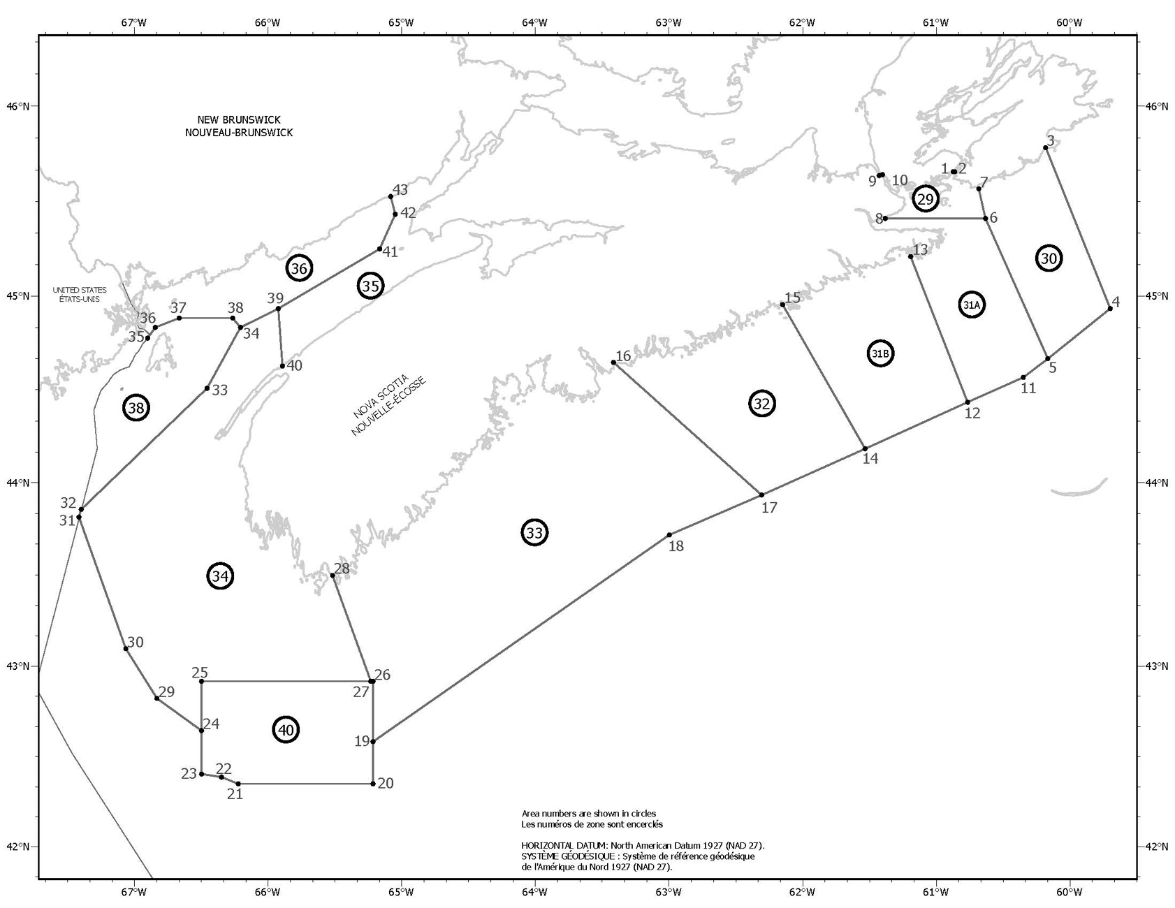 Map showing lobster fishing areas in the Atlantic Ocean – Text version below the map